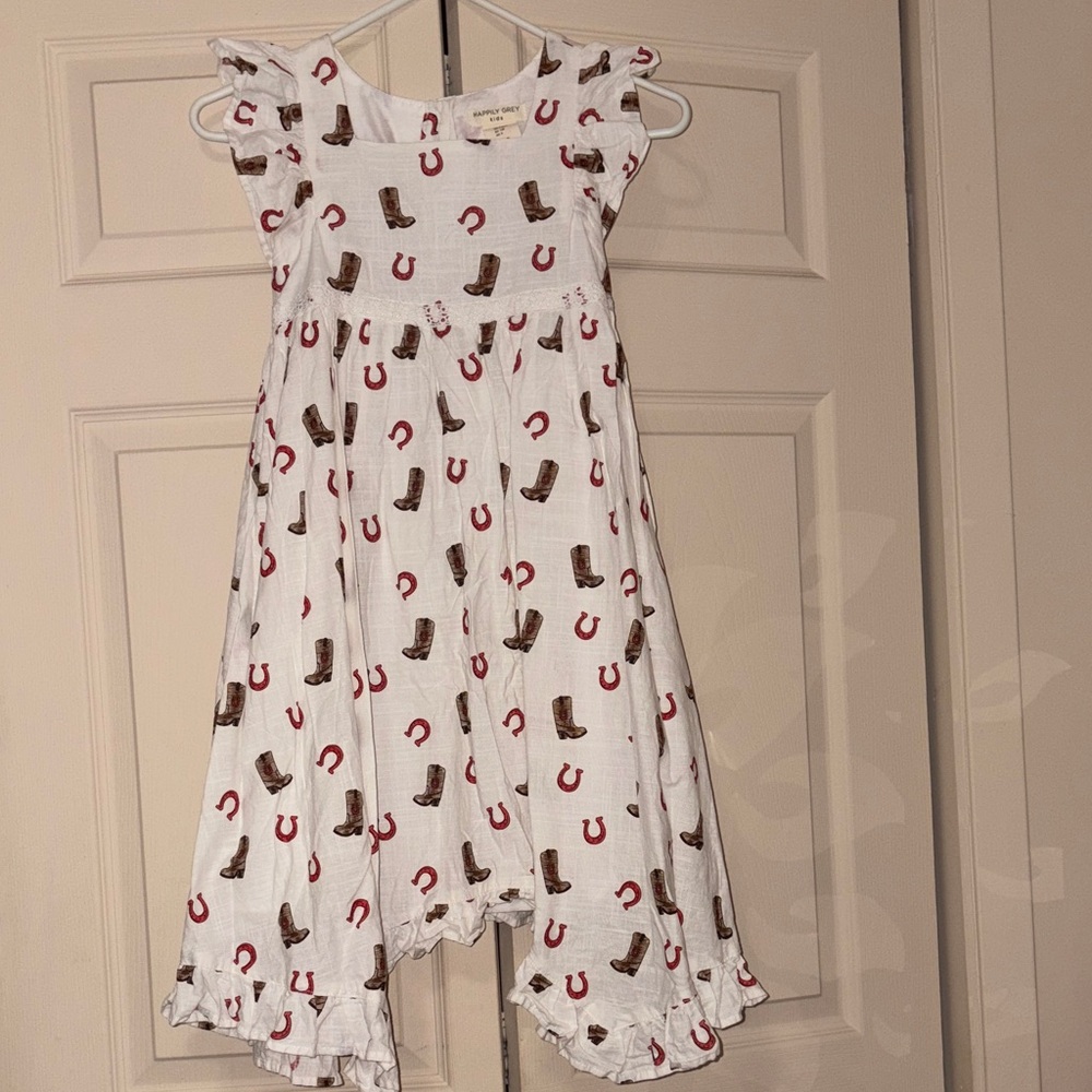 White Kids Dress with Boots and Horseshoe Print
